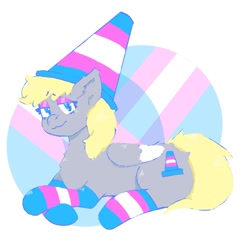 Size: 1217x1237 | Tagged: safe, artist:sugarfrogg_, imported from derpibooru, oc, oc only, pegasus, pony, clothes, hat, lidded eyes, looking at you, lying down, pride, pride flag, socks, solo, striped socks, traffic cone, transgender pride flag
