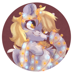 Size: 4000x4000 | Tagged: safe, artist:colorbrush, imported from derpibooru, derpy hooves, pegasus, pony, absurd resolution, bust, cheek fluff, chest fluff, christmas, christmas lights, cute, derpabetes, ear fluff, female, holiday, leg fluff, mare, portrait, raised hoof, smiling, solo, tangled up, three quarter view, wings