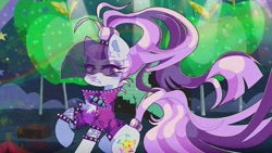 Size: 1277x719 | Tagged: safe, artist:blairvonglitter, imported from derpibooru, coloratura, earth pony, pony, choker, clothes, countess coloratura, frown, jacket, looking at you, solo, spiked choker, veil