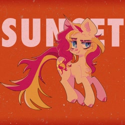 Size: 1242x1242 | Tagged: safe, artist:blairvonglitter, imported from derpibooru, sunset shimmer, pony, unicorn, equestria girls, chest fluff, lidded eyes, smiling, solo
