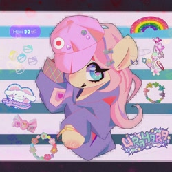 Size: 2000x2000 | Tagged: safe, artist:blairvonglitter, artist:lexiedraw, imported from derpibooru, fluttershy, pegasus, semi-anthro, cap, clothes, ear piercing, earring, hat, high res, hoodie, jewelry, looking at you, piercing, scrapbook aesthetic, solo