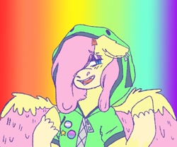 Size: 959x796 | Tagged: safe, artist:sugarfrogg_, imported from derpibooru, fluttershy, pegasus, semi-anthro, antonymph, clothes, eyeshadow, fluttgirshy, hair over one eye, hoodie, lidded eyes, looking at you, makeup, rainbow, smiling, solo, vylet pony