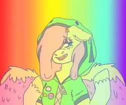 Size: 959x796 | Tagged: safe, alternate version, artist:sugarfrogg_, imported from derpibooru, fluttershy, pegasus, semi-anthro, antonymph, clothes, eyeshadow, fluttgirshy, hair over one eye, hoodie, lidded eyes, looking at you, makeup, rainbow, smiling, solo, vylet pony