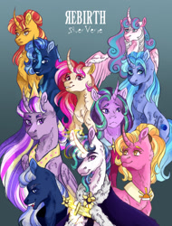 Size: 1280x1680 | Tagged: safe, artist:just-silvushka, imported from derpibooru, luster dawn, princess celestia, princess flurry heart, princess luna, starlight glimmer, sunset shimmer, twilight sparkle, alicorn, pony, unicorn, the last problem, bust, crown, ethereal mane, female, glowing, glowing horn, gradient background, horn, jewelry, magic, mare, older, older flurry heart, older twilight, peytral, princess twilight 2.0, regalia, royal sisters, siblings, sisters, smiling, starry mane, twilight sparkle (alicorn)