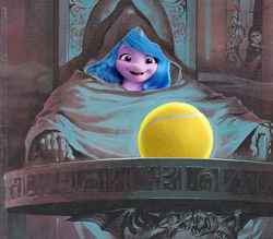 Size: 610x535 | Tagged: safe, edit, editor:flynnmlp, imported from derpibooru, izzy moonbow, human, unicorn, ball, g5, meme, my little pony: a new generation, pondering my orb, solo, tennis ball, that pony sure does love tennis balls, wizard