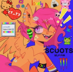 Size: 1964x1934 | Tagged: safe, artist:blairvonglitter, imported from derpibooru, scootaloo, pegasus, pony, bandaid, bandaid on nose, bracelet, chest fluff, coontails, ear piercing, earring, exclamation point, hello kitty, hello kitty (character), jewelry, kitty white, looking at you, monster energy, one eye closed, piercing, sanrio, scrapbook aesthetic, sharp teeth, solo, spread wings, teeth, wingding eyes, wings, wink