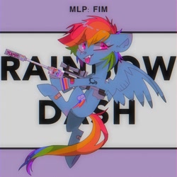 Size: 2000x2000 | Tagged: safe, artist:blairvonglitter, imported from derpibooru, rainbow dash, pony, bandage, gun, high res, looking at you, rifle, sniper rifle, solo, spread wings, tongue out, weapon, wings