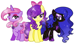 Size: 1230x718 | Tagged: safe, artist:gihhbloonde, imported from derpibooru, oc, oc only, earth pony, pony, unicorn, base used, bedroom eyes, bow, earth pony oc, ethereal mane, eyelashes, female, hair bow, hoof on chest, hoof shoes, horn, looking at you, mare, open mouth, open smile, raised hoof, simple background, smiling, smiling at you, starry mane, transparent background, trio, trio female, unicorn oc