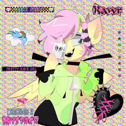 Size: 768x768 | Tagged: safe, artist:blairvonglitter, imported from derpibooru, fluttershy, pegasus, pony, semi-anthro, aesthetics, alternate hairstyle, antonymph, camera, cellphone, choker, clothes, fluttgirshy, gir, hair over one eye, hoodie, invader zim, nostalgia, phone, sharp teeth, spread wings, striped mane, teeth, webcore, wings