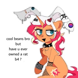 Size: 1024x1024 | Tagged: safe, artist:blairvonglitter, imported from derpibooru, sunset shimmer, pony, unicorn, equestria girls, bunny ears, choker, ear piercing, earring, jewelry, piercing, solo, spiked choker, wat