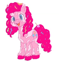 Size: 1144x1195 | Tagged: safe, artist:sugarfrogg_, imported from derpibooru, pinkie pie, earth pony, pony, alternate design, candy, candy in hair, coat markings, dappled, food, headcanon in the description, open mouth, smiling, solo