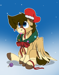 Size: 1744x2208 | Tagged: safe, alternate version, artist:rokosmith26, imported from derpibooru, oc, oc only, pegasus, pony, alternate character, blue eyes, bow, cheek fluff, chest fluff, christmas, christmas stocking, christmas wreath, commission, floppy ears, gradient background, holiday, looking up, male, markings, one ear down, pegasus oc, pegasus wings, raised hoof, ribbon, simple background, sitting, smiling, solo, spread wings, stallion, sweat, sweatdrop, tail, tongue out, unshorn fetlocks, wings, wreath, ych result