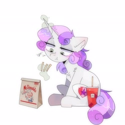 Size: 2048x2048 | Tagged: safe, artist:blairvonglitter, imported from derpibooru, sweetie belle, pony, unicorn, drink, eating, food, french fries, high res, levitation, lidded eyes, magic, mcdonald's, solo, telekinesis