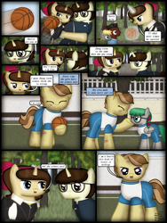 Size: 1750x2333 | Tagged: safe, artist:99999999000, imported from derpibooru, oc, oc only, oc:cwe, oc:li anna, oc:mar baolin, oc:zhang cathy, earth pony, pony, unicorn, comic:nice to meet you, ball, basketball, clothes, colt, comic, crying, female, filly, male, sports, tree