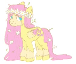 Size: 846x713 | Tagged: safe, artist:sugarfrogg_, imported from derpibooru, fluttershy, pegasus, pony, alternate design, aside glance, cheek fluff, chest fluff, coat markings, colored wings, cute, daaaaaaaaaaaw, floral head wreath, flower, flower in hair, fluffy, folded wings, headcanon in the description, lidded eyes, looking at you, shyabetes, simple background, smiling, socks (coat markings), solo, standing, three quarter view, transgender, two toned wings, unshorn fetlocks, white background, wings