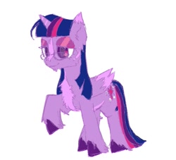 Size: 991x899 | Tagged: safe, artist:sugarfrogg_, imported from derpibooru, twilight sparkle, alicorn, pony, alternate design, blaze (coat marking), chest fluff, coat markings, facial markings, glasses, headcanon in the description, lidded eyes, pale belly, raised hoof, smiling, solo, twilight sparkle (alicorn)