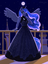 Size: 1280x1701 | Tagged: safe, artist:sinilga, imported from derpibooru, princess luna, alicorn, anthro, clothes, dress, evening dress, evening gown, female, full moon, gown, looking at you, moon, night, solo