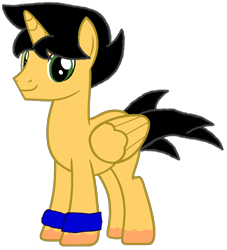 Size: 866x953 | Tagged: safe, artist:lachlancarr1996, imported from derpibooru, oc, oc only, alicorn, pony, derpibooru community collaboration, 2022 community collab, alicorn oc, black mane, black tail, folded wings, full body, green eyes, horn, male, missing cutie mark, simple background, smiling, solo, stallion, standing, tail, transparent background, wings, wristband