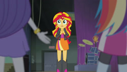 Size: 3410x1920 | Tagged: safe, imported from derpibooru, screencap, rainbow dash, rarity, sunset shimmer, equestria girls, rainbow rocks, bracelet, clothes, cutie mark, cutie mark on clothes, drums, electric guitar, female, guitar, high res, jacket, jewelry, leather, leather jacket, musical instrument, open mouth