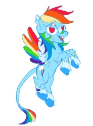 Size: 790x1071 | Tagged: safe, artist:sugarfrogg_, imported from derpibooru, rainbow dash, pegasus, pony, bandaid, bandaid on nose, coat markings, colored wings, eye scar, facial markings, flying, leonine tail, lidded eyes, multicolored wings, rainbow wings, scar, smiling, socks (coat markings), solo, spread wings, tail, torn ear, wings