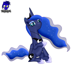 Size: 4154x3840 | Tagged: safe, artist:damlanil, imported from derpibooru, princess luna, alicorn, pony, clothes, crown, cute, dream, ear piercing, ethereal mane, eyeshadow, female, galaxy mane, high res, hoof shoes, horn, jewelry, looking at you, makeup, mare, necklace, piercing, regalia, shiny mane, shoes, show accurate, simple background, sitting, smiling, smiling at you, solo, transparent background, vector, wings