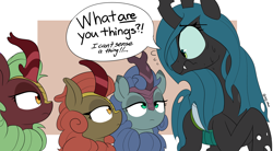 Size: 4000x2215 | Tagged: safe, artist:icey, imported from derpibooru, cinder glow, maple brown, queen chrysalis, summer flare, oc, oc:nova glow, changeling, changeling queen, kirin, abstract background, dialogue, emotionless, female, looking at each other, mare, nervous, sweat, sweatdrops, text