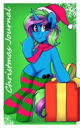Size: 1500x2400 | Tagged: safe, artist:shadowreindeer, imported from derpibooru, oc, oc only, oc:shimo, pony, unicorn, accessory, bipedal, christmas, clothes, commission, hat, holiday, looking at you, needs more saturation, present, scarf, simple background, smiling, socks, standing, striped socks, striped stockings, your character here
