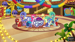 Size: 2560x1440 | Tagged: safe, imported from derpibooru, applejack, emerald flare, gladmane, pinkie pie, sapphire sequins, sapphire shores, earth pony, pony, applejack's hat, cowboy hat, female, gameloft, hat, las pegasus, male, mare, my little pony logo, official, palm tree, stallion, super chef judge pony, text, tree, unnamed character, unnamed pony, video game, watermark, welcome inn, youtube banner