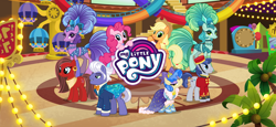 Size: 1666x768 | Tagged: safe, imported from derpibooru, applejack, emerald flare, gladmane, pinkie pie, sapphire sequins, sapphire shores, earth pony, pony, applejack's hat, bellhop, bellhop pony, cowboy hat, female, gameloft, hat, las pegasus, loading screen, male, mare, my little pony logo, official, palm tree, stallion, super chef judge pony, text, tree, unnamed character, unnamed pony, video game, welcome inn