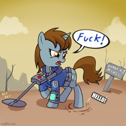 Size: 500x500 | Tagged: safe, artist:madmax, edit, imported from derpibooru, oc, oc only, oc:littlepip, pony, unicorn, fallout equestria, asdfmovie, female, hello, imminent death, mare, metal detector, mine turtle, solo, this will end in death, this will end in explosions, this will not end well, vulgar