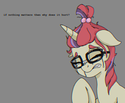 Size: 1200x989 | Tagged: safe, artist:ravenirik, imported from derpibooru, moondancer, pony, unicorn, bust, chromatic aberration, crying, eyes closed, female, floppy ears, glasses, gritted teeth, mare, raised hoof, sad, simple background, solo, taped glasses, teary eyes, three quarter view