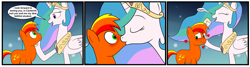Size: 5767x1555 | Tagged: safe, artist:eagc7, imported from derpibooru, princess celestia, oc, oc:asteroid angus, alicorn, earth pony, pony, blushing, canon x oc, comic, commission, duo, earth pony oc, female, heart, kiss on the lips, kissing, male, mare, shipping, stallion, straight, surprise kiss