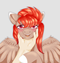 Size: 3800x4000 | Tagged: safe, artist:axidemythe, imported from derpibooru, oc, oc only, oc:celtia, human, pegasus, blushing, commission, hand, human and pony, looking at you, open mouth, smiling, smiling at you, solo, spread wings, teeth, wings, ych result