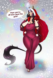 Size: 1750x2567 | Tagged: safe, artist:blackblood-queen, imported from derpibooru, oc, oc only, oc:beryl lovegreen, anthro, unguligrade anthro, unicorn, anthro oc, bag, big breasts, breasts, christmas, cleavage, clothes, cloven hooves, curved horn, dialogue, digital art, female, gilf, gloves, grandmother, hearth's warming, holiday, hoodie, horn, leonine tail, mare, milf, snow, snowfall, speech bubble, tail, unicorn oc