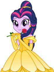 Size: 1024x1376 | Tagged: safe, artist:emeraldblast63, imported from derpibooru, twilight sparkle, equestria girls, beauty and the beast, belle, clothes, clothes swap, disney, disney princess, dress, female, flower, gloves, gown, long gloves, looking at you, motorcross, rose, simple background, smiling, smiling at you, solo, transparent background