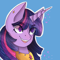 Size: 2048x2048 | Tagged: safe, artist:simulacrea, imported from derpibooru, twilight sparkle, alicorn, pony, blue background, bust, eye clipping through hair, eyebrows, eyebrows visible through hair, female, high res, jewelry, mare, open mouth, open smile, outline, portrait, regalia, simple background, smiling, solo, twilight sparkle (alicorn), white outline