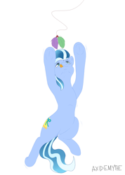 Size: 3200x4500 | Tagged: safe, artist:axidemythe, imported from derpibooru, oc, oc only, oc:sonant bell, earth pony, pony, cat toy, colored, commission, feather, flat colors, jumping, looking at something, looking up, simple background, solo, string, tongue out, toy, white background, ych result