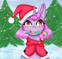Size: 1200x1145 | Tagged: safe, artist:rafiiis, imported from derpibooru, oc, oc only, pony, unicorn, candy, candy cane, christmas, christmas tree, female, food, hat, holiday, horn, mouth hold, santa hat, snow, solo, tree, unicorn oc, ych example, your character here