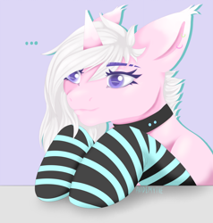 Size: 3800x4000 | Tagged: safe, artist:axidemythe, imported from derpibooru, oc, oc only, oc:cotton acid, pony, unicorn, choker, clothes, collar, ear piercing, earring, jewelry, looking away, piercing, simple background, socks, solo, striped socks