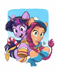 Size: 2480x3112 | Tagged: safe, artist:fanzeem, imported from derpibooru, sunny starscout, twilight sparkle, alicorn, earth pony, pony, beanie, braid, bust, candy, candy cane, clothes, duo, duo female, earmuffs, female, food, g5, grin, happy, hat, high res, hoof boots, looking at you, mare, my little pony: a new generation, open mouth, open smile, present, scarf, smiling, sunny and her heroine, twilight sparkle (alicorn), winter outfit