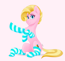 Size: 1920x1800 | Tagged: safe, artist:rand-dums, imported from derpibooru, oc, oc only, earth pony, pony, clothes, earth pony oc, female, pink background, simple background, smiling, socks, solo, striped socks