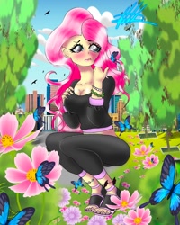 Size: 1080x1350 | Tagged: safe, artist:mlp-france-yt, imported from derpibooru, fluttershy, butterfly, equestria girls, :t, blushing, bracelet, breasts, city, cleavage, clothes, female, flower, jewelry, looking at something, outdoors, park, sitting, solo, tree