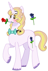Size: 1280x1868 | Tagged: safe, artist:hancar, artist:princess-kitsune-tsu, imported from derpibooru, oc, oc only, pony, unicorn, base used, blushing, bowtie, flower in mouth, horn, male, offspring, parent:prince blueblood, parent:starlight glimmer, rose, rose in mouth, simple background, solo, transparent background, unicorn oc