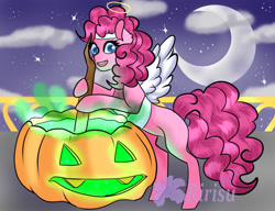 Size: 1019x784 | Tagged: safe, artist:kanimay, imported from derpibooru, pinkie pie, earth pony, pony, crescent moon, fake wings, female, halloween, holiday, jack-o-lantern, moon, pumpkin, solo