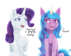 Size: 2150x1706 | Tagged: safe, artist:axidemythe, imported from derpibooru, izzy moonbow, rarity, unicorn, spoiler:my little pony: a new generation, darling, duo, duo female, female, g5, looking at each other, looking at someone, mare, my little pony: a new generation, simple background, smiling, smiling at each other, speech bubble, talking, teeth, text, white background