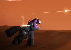 Size: 1978x1407 | Tagged: safe, artist:deafjaeger, imported from derpibooru, twilight sparkle, pony, unicorn, astronaut, butt, desert, female, looking away, mare, outdoors, plot, sand, science fiction, solo, space, spacesuit, standing, sun, twibutt, unicorn twilight