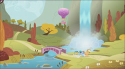 Size: 1632x902 | Tagged: safe, imported from derpibooru, screencap, applejack, pinkie pie, rainbow dash, spike, fall weather friends, autumn, bridge, hill, hot air balloon, river, running of the leaves, scenery, tree, twinkling balloon, waterfall