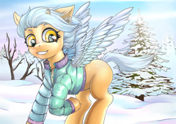 Size: 1754x1240 | Tagged: safe, artist:leastways, imported from derpibooru, oc, oc only, pegasus, pony, clothes, commission, ear piercing, earring, freckles, jacket, jewelry, missing cutie mark, piercing, scenery, snow, solo, tree, windswept mane, wings, winter, winter outfit, ych result