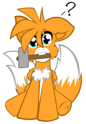 Size: 2869x4140 | Tagged: safe, artist:aerithechidna4rt, imported from derpibooru, fox, fox pony, hybrid, pegasus, pony, cheek fluff, chest fluff, countershading, cute, fangs, fluffy, hammer, looking at you, miles "tails" prower, mouth hold, multiple tails, ponified, question mark, simple background, sitting, sonic the hedgehog (series), tail, teeth, transparent background, two tails