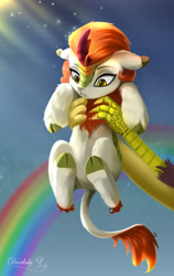 Size: 1800x2851 | Tagged: safe, artist:darksly, imported from derpibooru, autumn blaze, discord, draconequus, kirin, pony, autumn blaze is not amused, awwtumn blaze, cute, duo, female, frown, funny, high res, holding a kirin, holding a pony, male, movie reference, offscreen character, ponified scene, rainbow, solo focus, the lion king, this will end in fire, this will end in nirik, unamused
